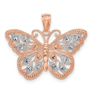 14k Rose Gold and White Rhodium Textured Butterfly Pendant, 26mm